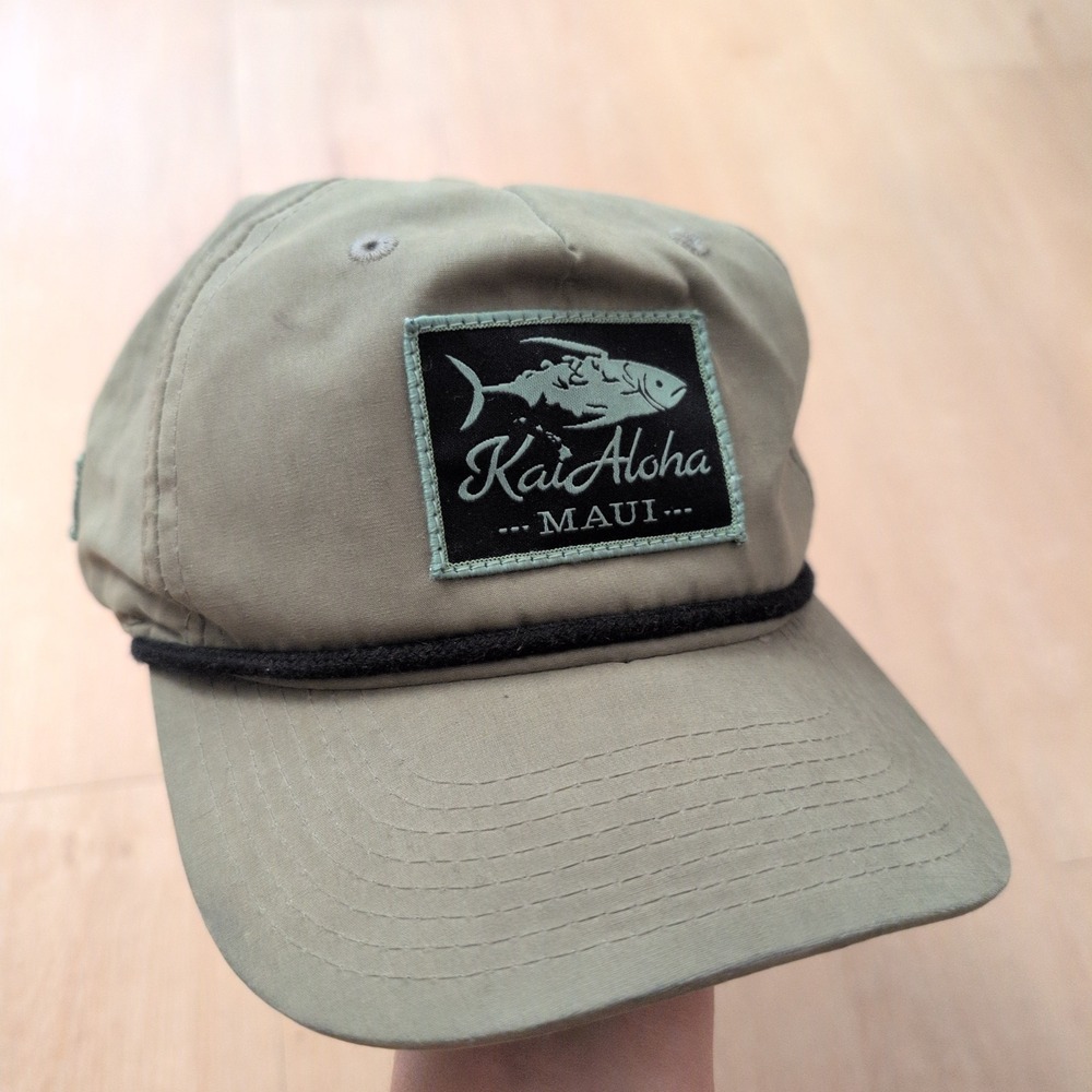 Kai Aloha Maui Decky Snapback Rope Hat Olive Green Fish Patch Fishing Cap